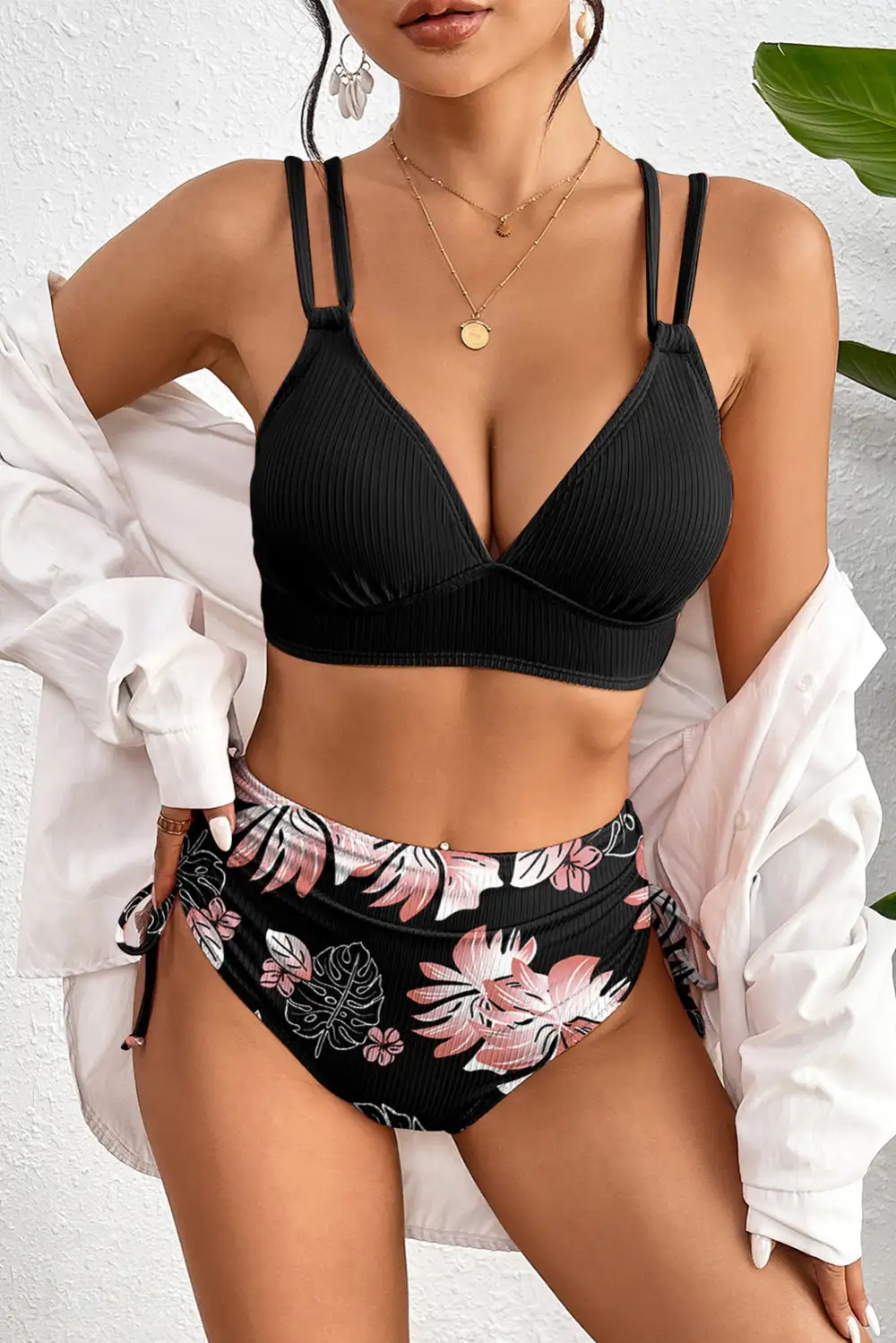 Ribbed Knit High Waist Bikini Swim Set