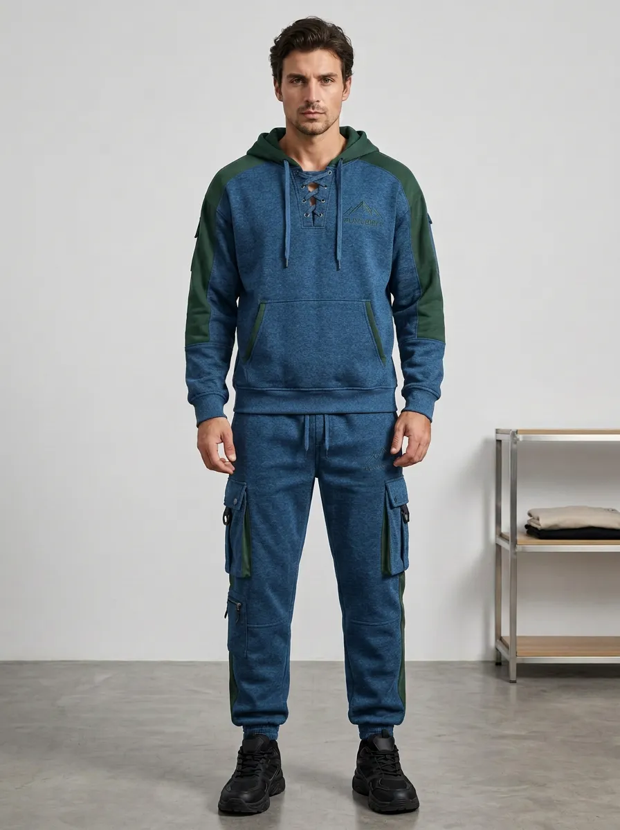 Urban Lace-Up Mountain Graphic Heritage Look Men's Lace Up Hoodie And Cargo Jogger Set