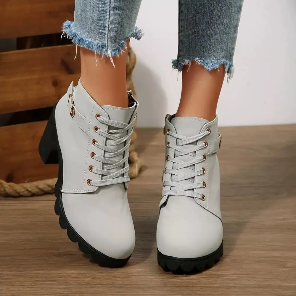 Textured Lace-Up Block Heel Boots