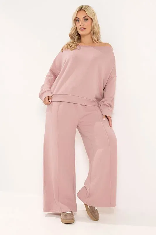 Pink Off Shoulder Sweatshirt & Jogger Wide Leg Set
