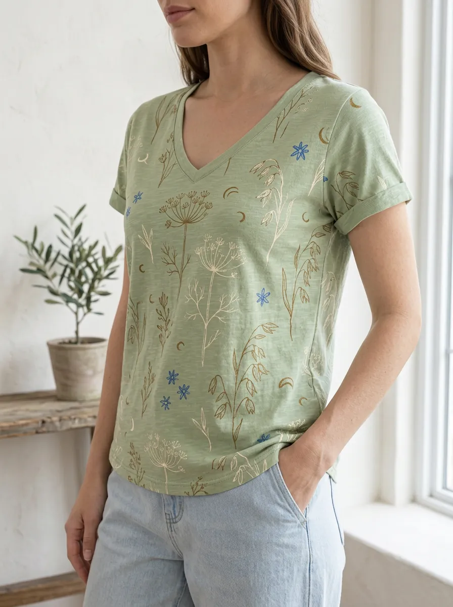 Women's Botanical Wildflower Moon Printed V-Neck T-Shirt