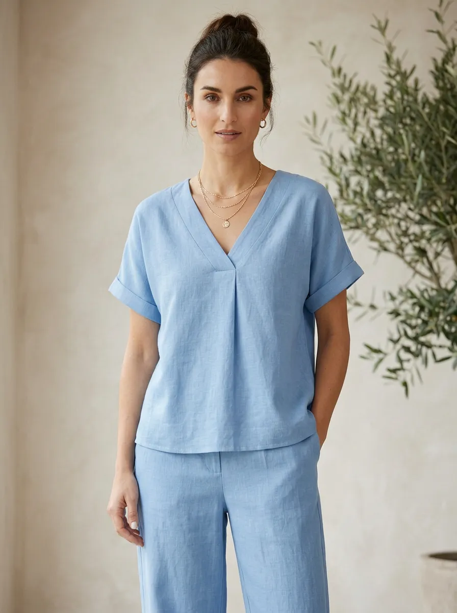 Refined Linen-Look Women's V-Neck Shirt