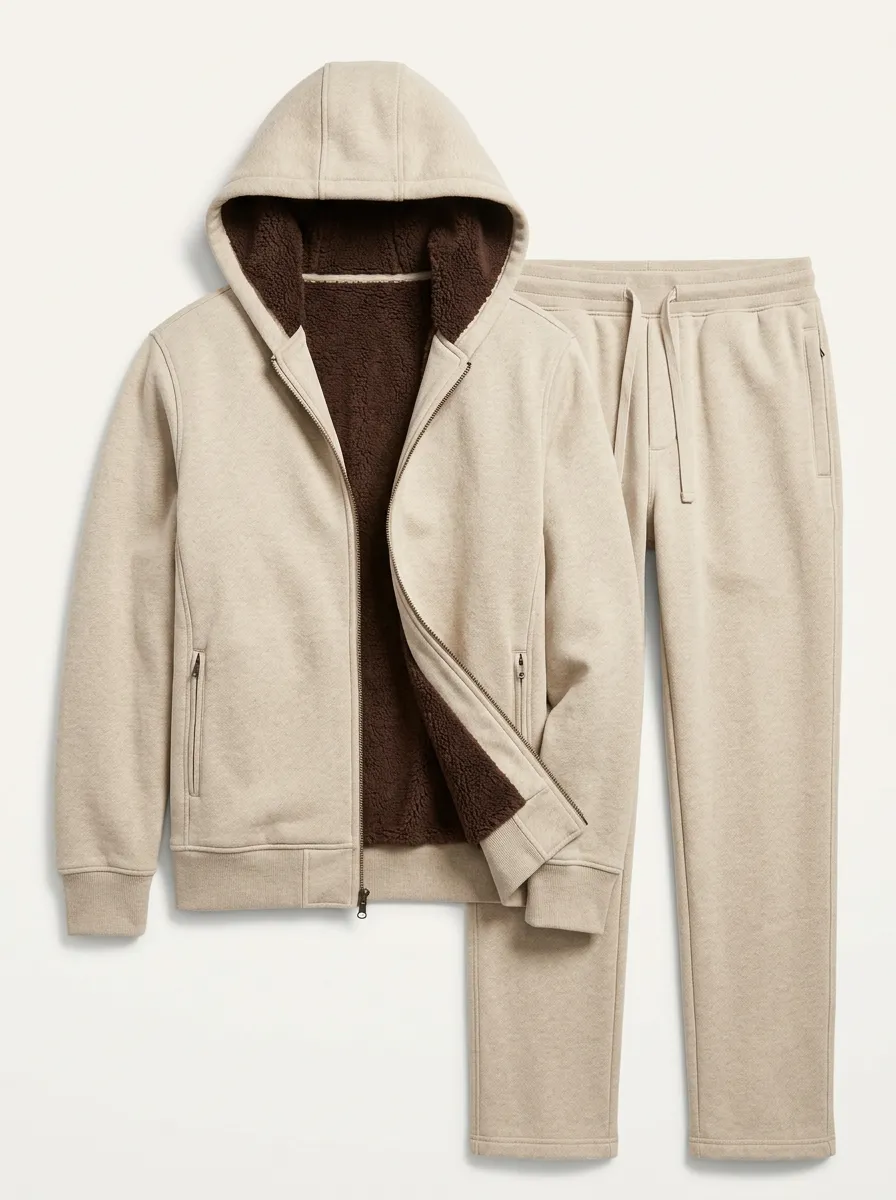 Men's Sherpa-Lined Dark Brown Hooded Zip Sweatshirt and Joggers Set