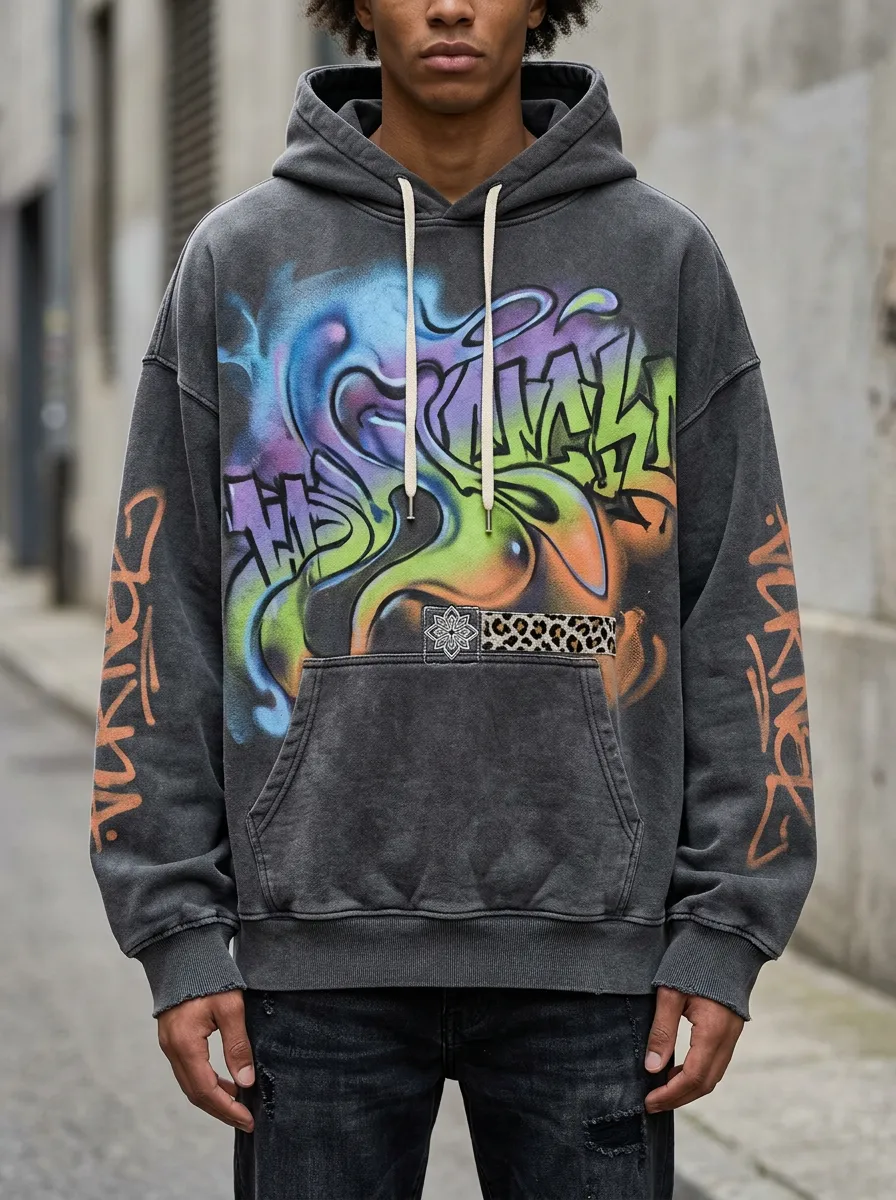 Men's Streetwear Graffiti Leopard Print Graphic Graphic Hoodie