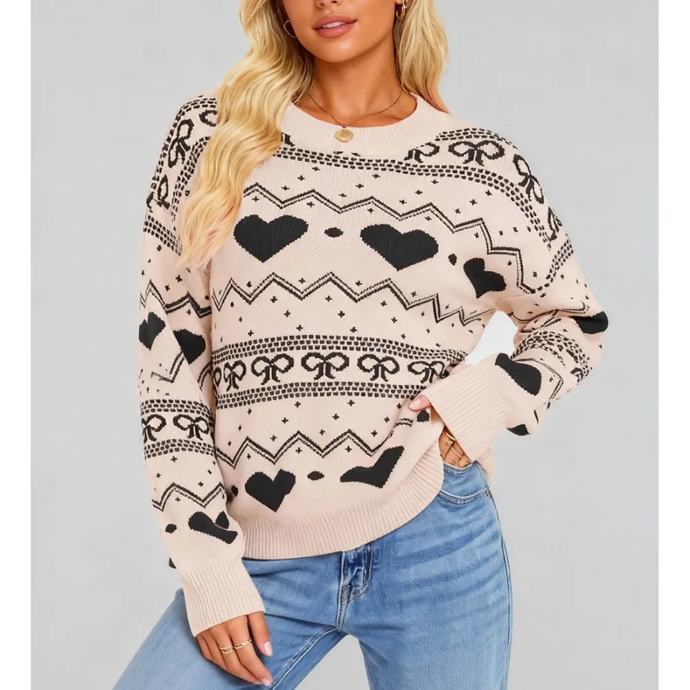 Valentine Heart and Bow Pattern Pullover Sweater