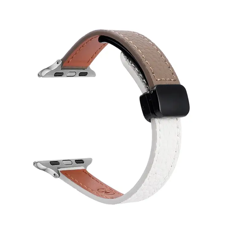 Slim Magnetic Buckle Genuine Leather Watch Band for Watch Series 8 41 mm - Litchi Beige Coffee