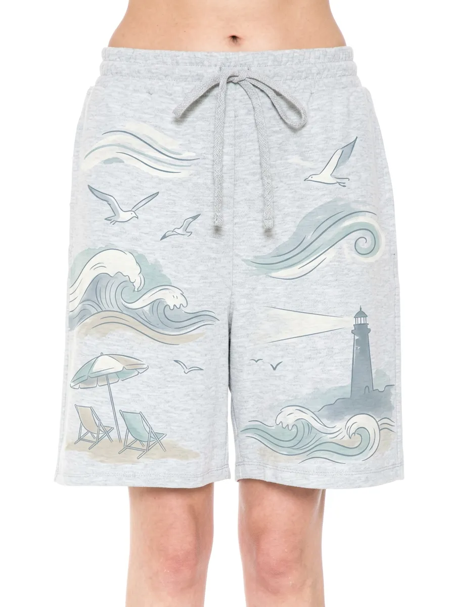 Women's Coastal Lighthouse Ocean Waves Graphic Shorts
