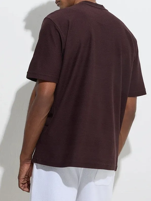 Brown Plain Loose Cotton-Blend T-Shirt