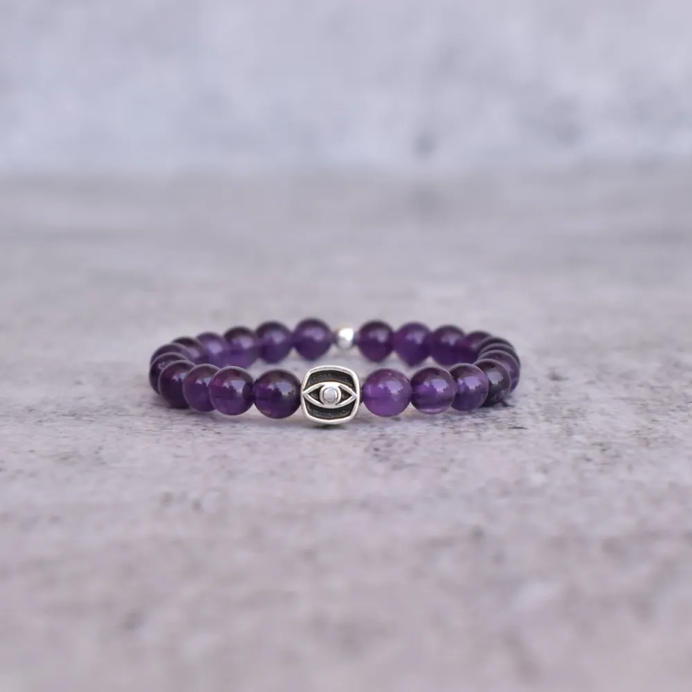 Evil Eye Amethyst Bead Bracelet