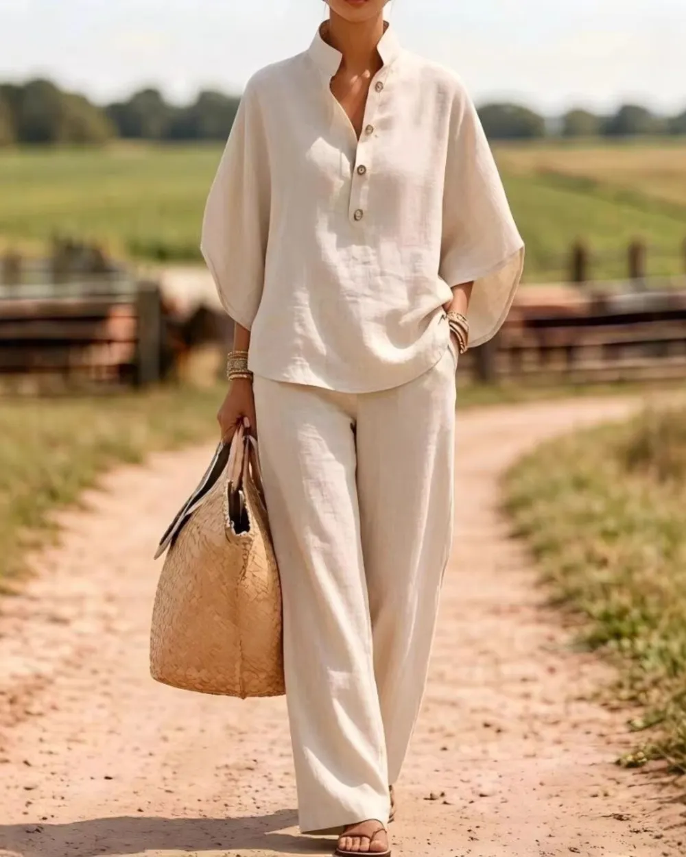 Batwing Sleeve Two-Piece Set Wide Leg Pants Coastal Chic Outfit