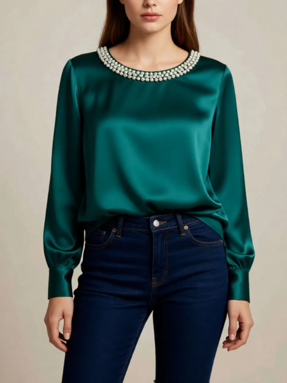 Pearl Trim Round Neck Silk Blouse