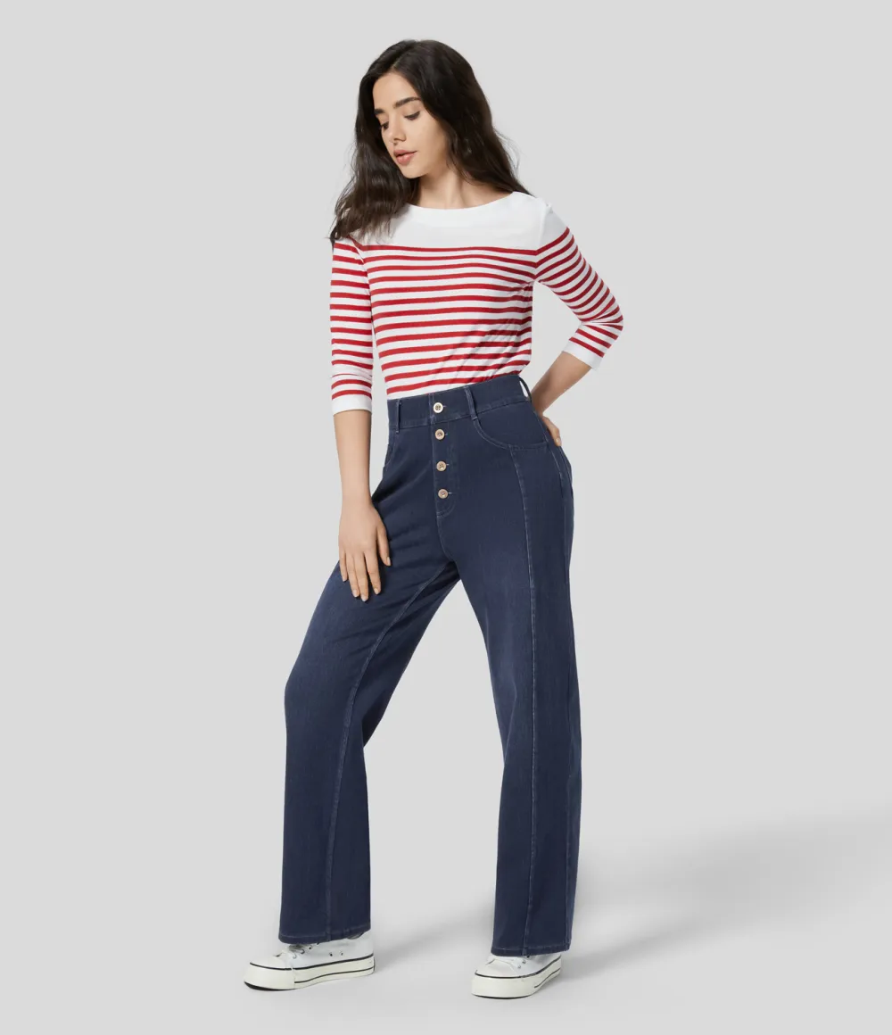 Magic High Waisted Decorative Button Multiple Pockets Straight Leg Stretchy Knit Casual Boyfriend Jeans