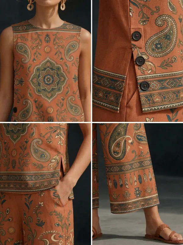 Women's Bohemian Paisley Floral Printed Sleeveless Set