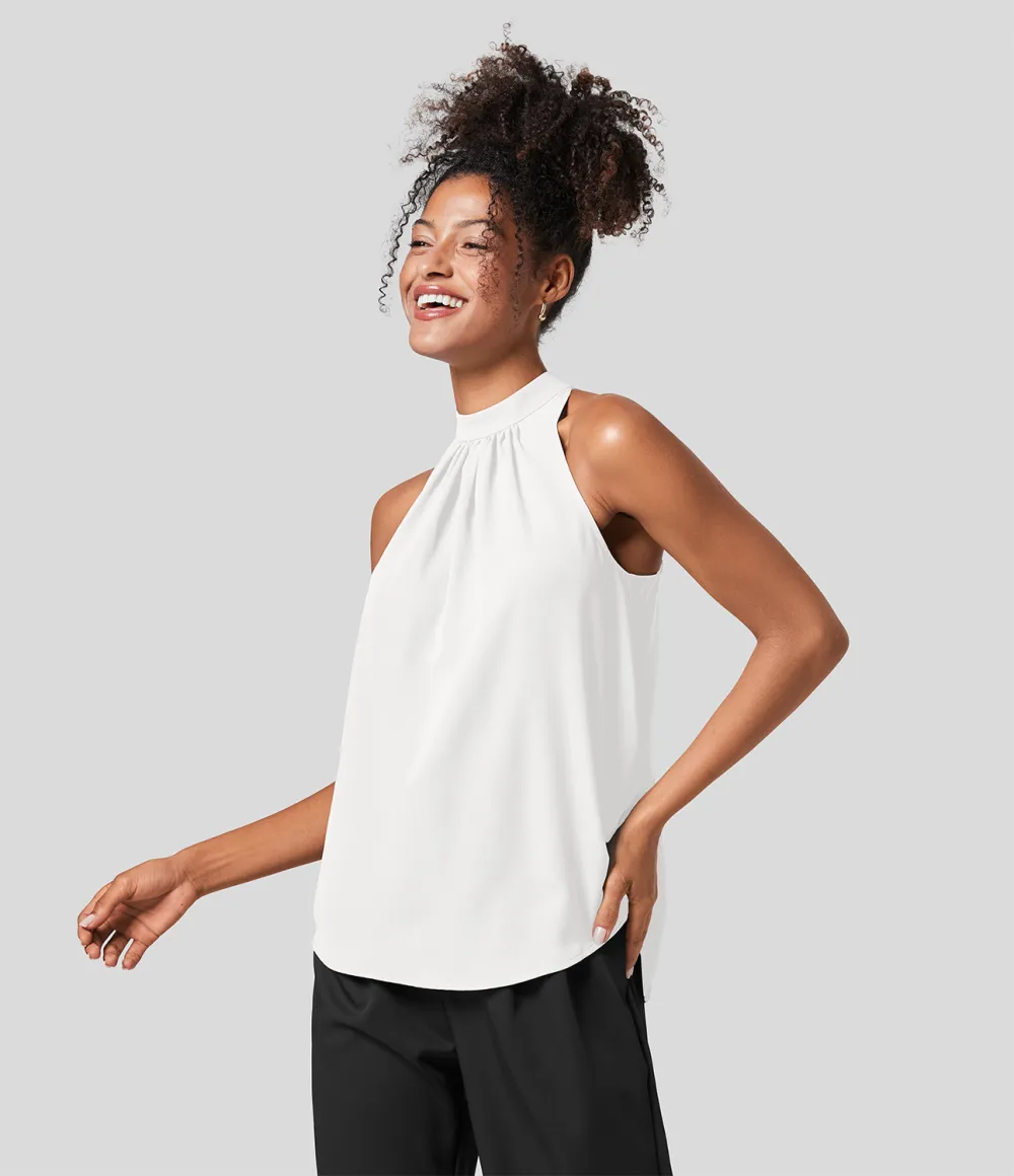 Keyhole Back Halter Plicated Sleeveless Curved Hem Work Blouse