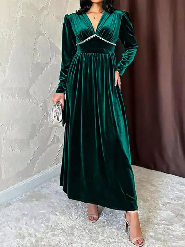 Textured Detail Velvet V Neck Long Sleeve Maxi Dress