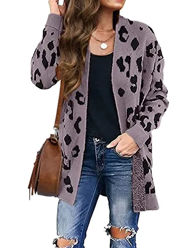 Women's Long Sleeves Open Front Leopard Print Knitted Sweater Cardigan Coat Outwear