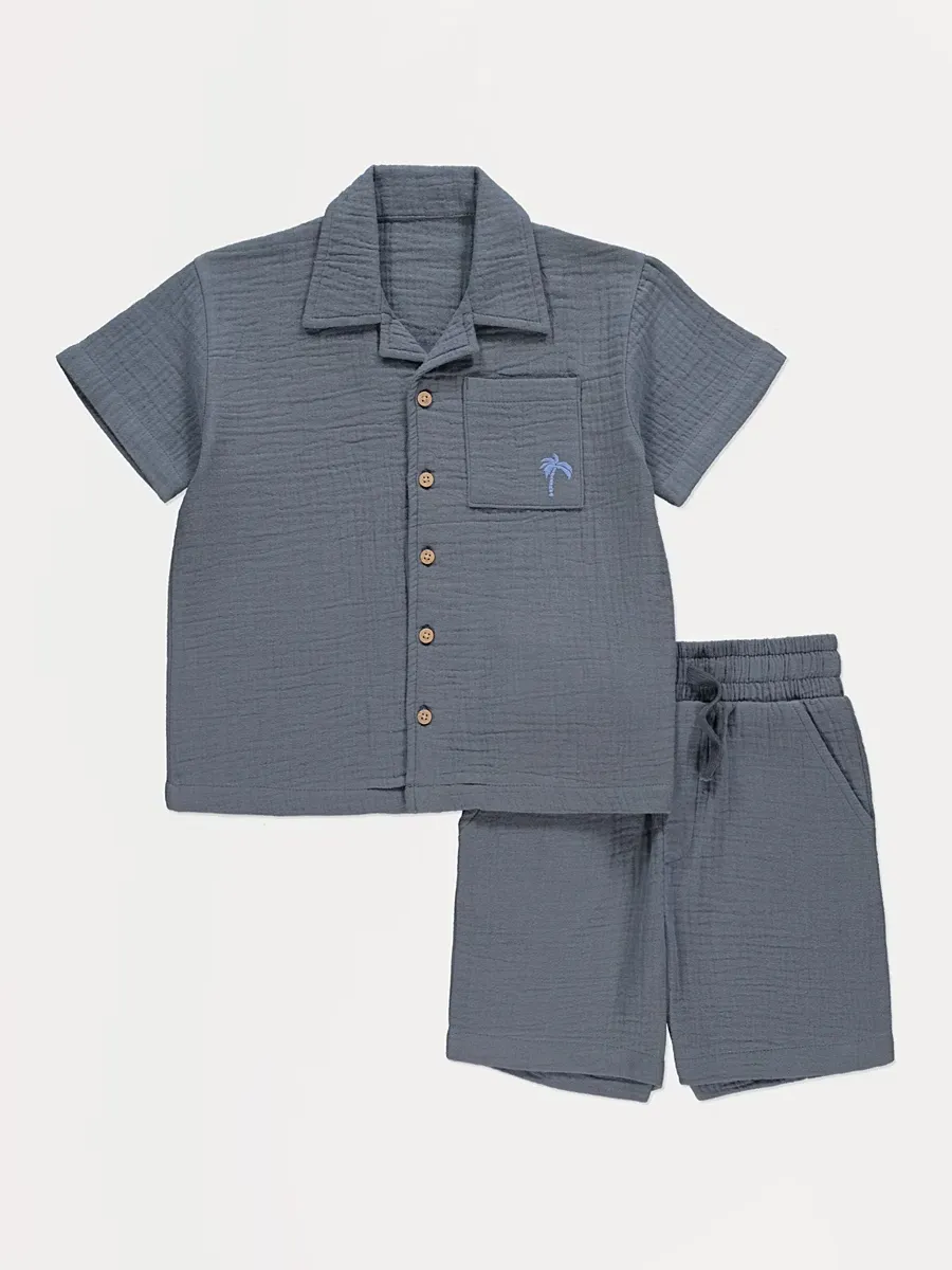 Slate Blue Cheesecloth Short Sleeve Shirt and Shorts Outfit