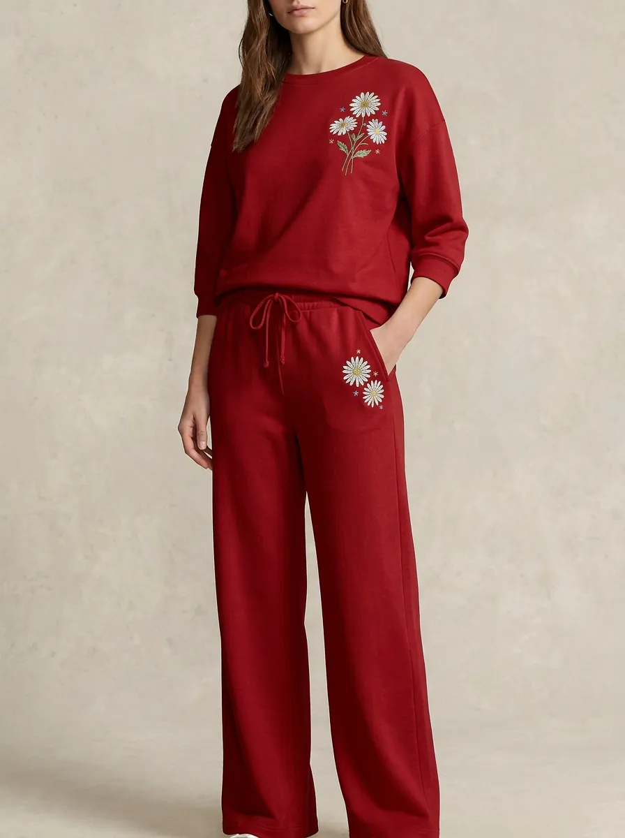 Women's Floral Embroidered Crewneck Sweatshirt And Drawstring Wide-Leg Trouser Lounge Set