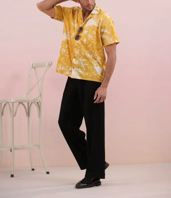 Yellow Jungle Mulmul Cotton Camp Collar Shirt