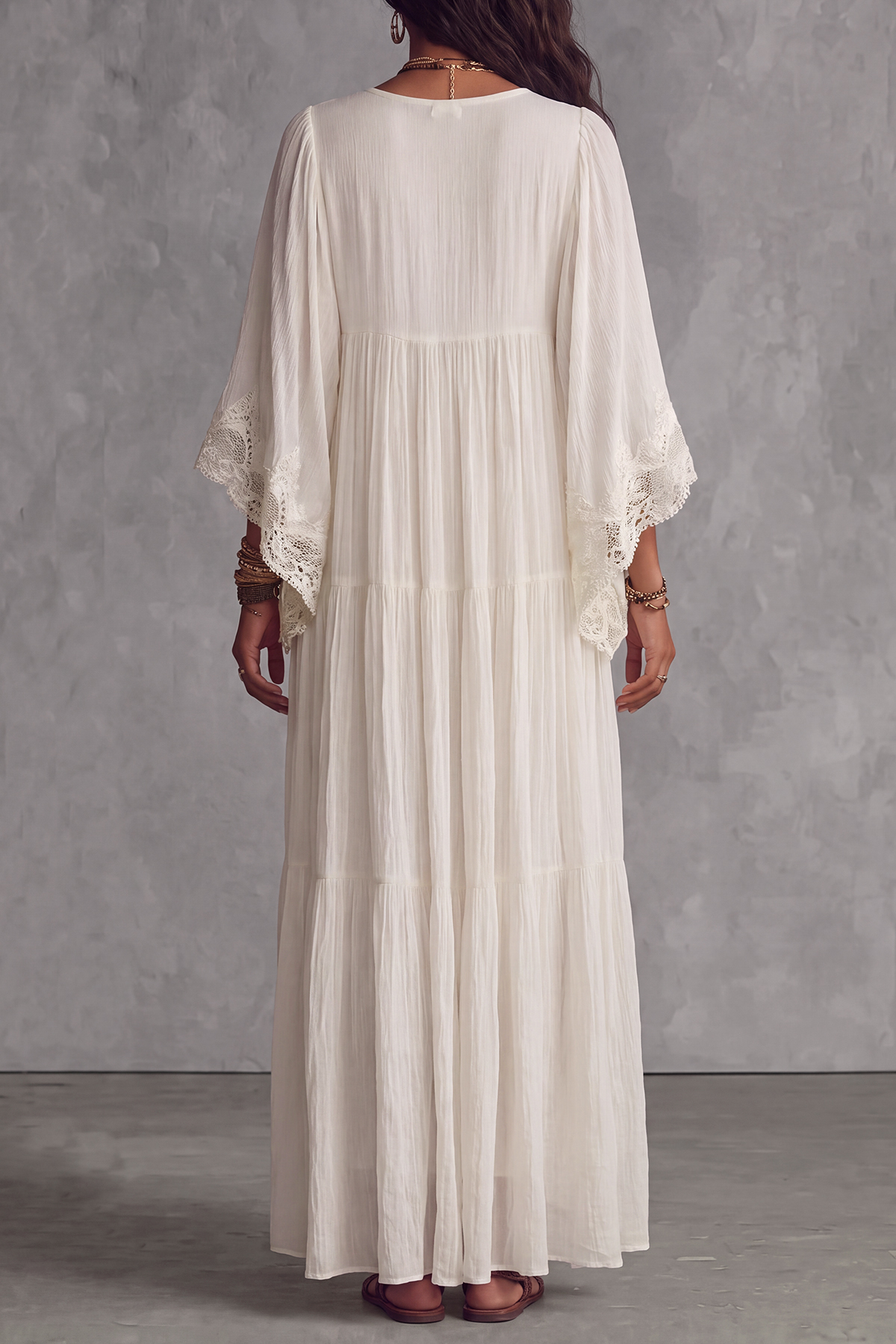 Plunge Neck Lace Trim Lace Maxi Dress