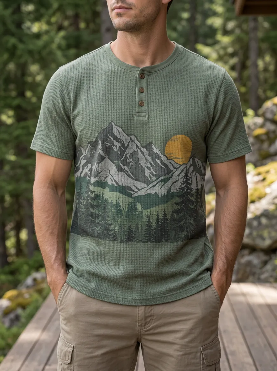 Men's Weekend Nature Lover Mountain Forest Sunset Henley T-Shirt