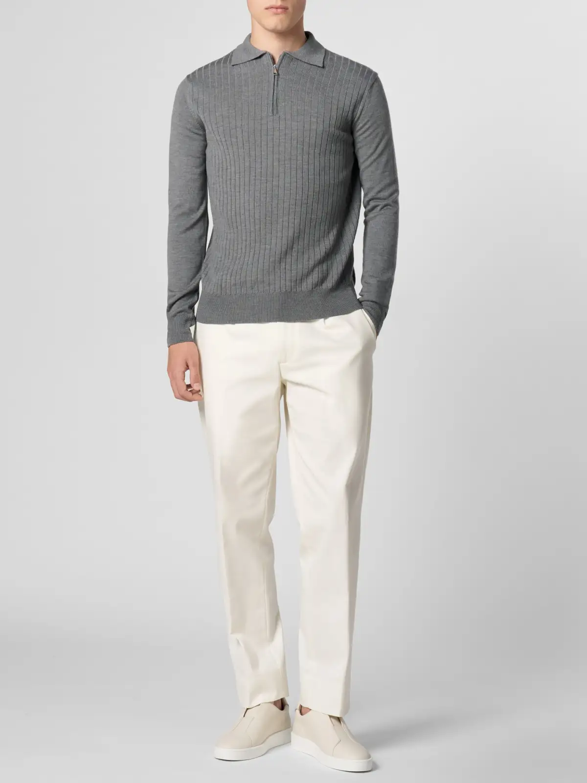 Extrafine Merino Merino Wool Zip Front Ribbed Slim Fit Detail Polo Shirt