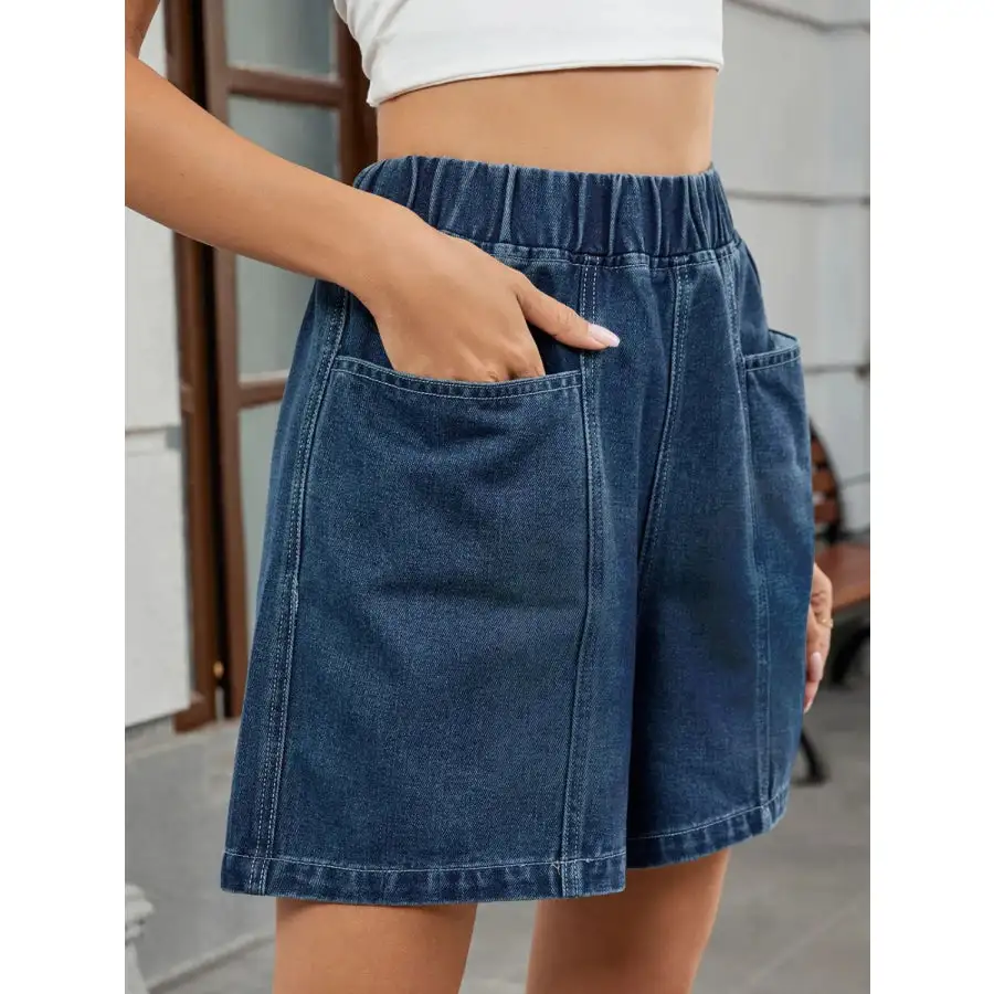 Elastic Waist Pocketed Denim Shorts