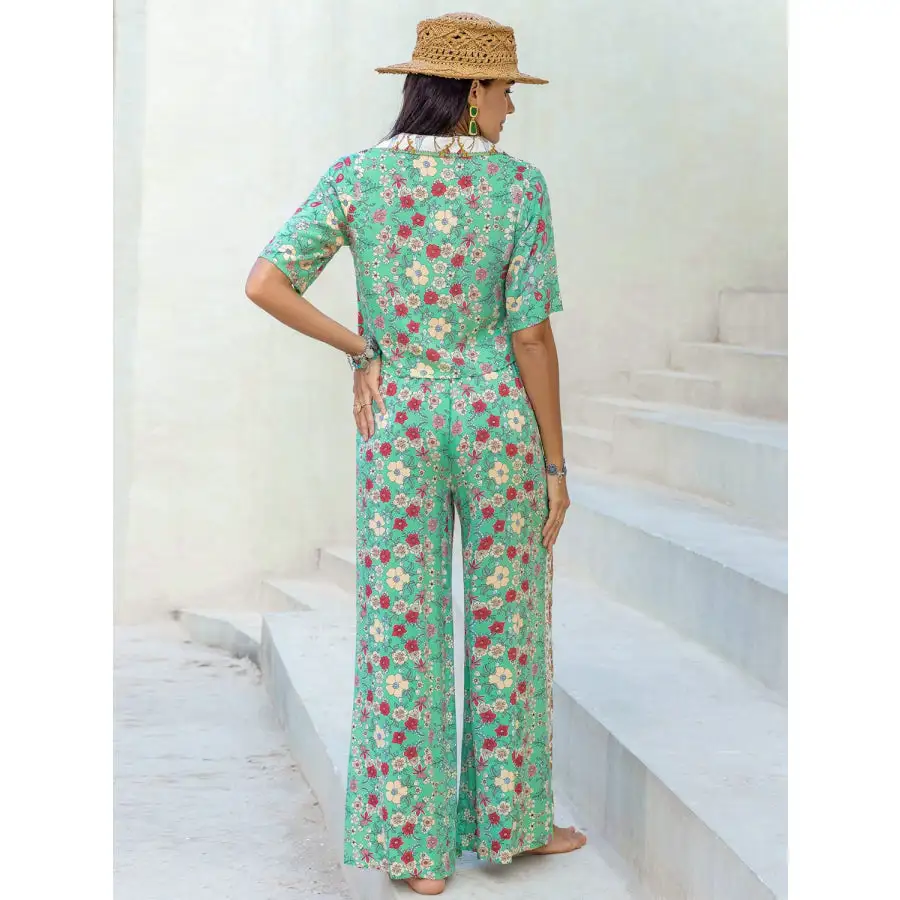 Relaxed Printed Half Sleeve Top and Wide Leg Pants Set