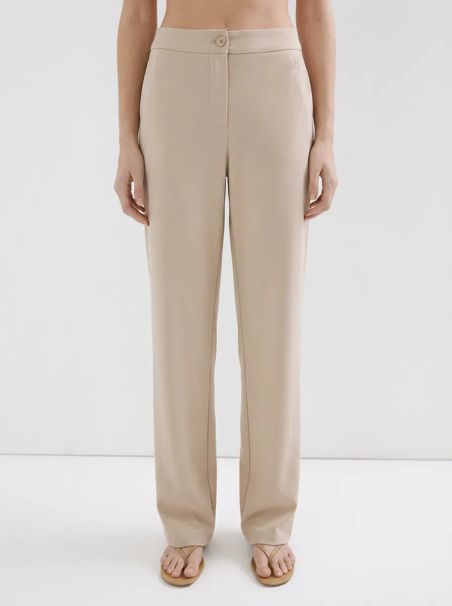 Women's Minimalist Beige Solid Color Mid-Rise Straight Leg Trousers
