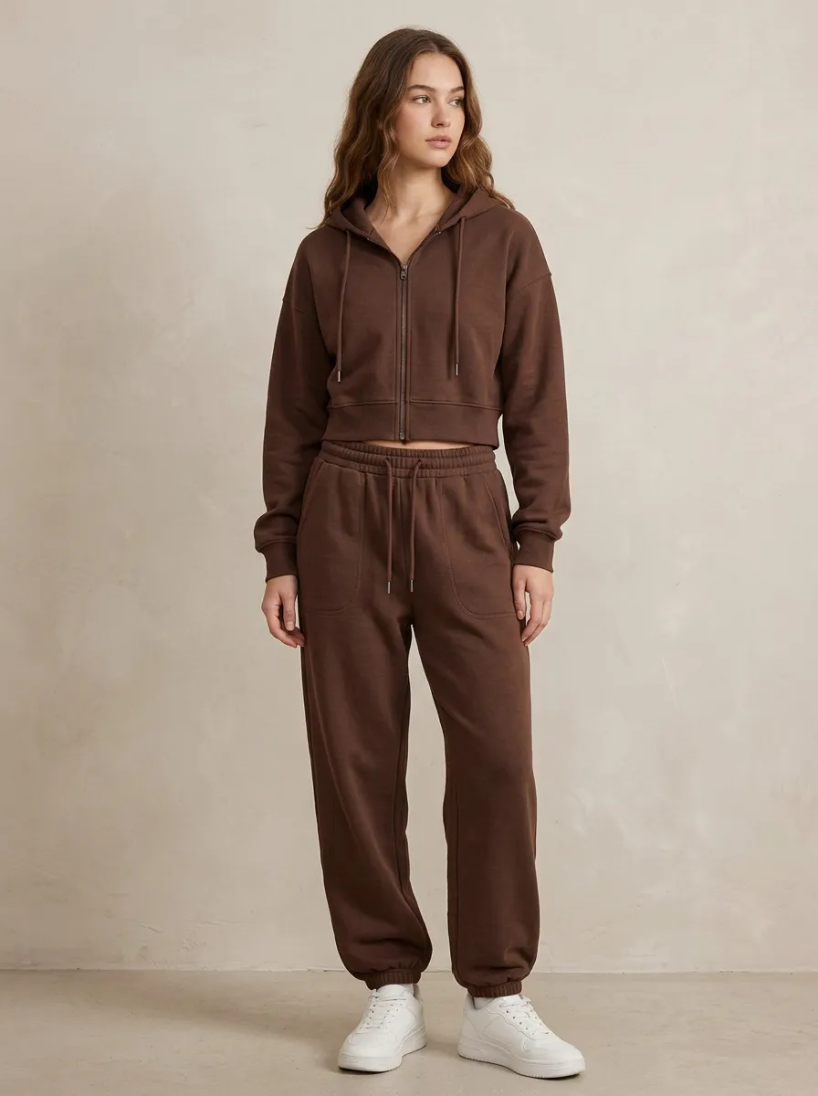 Zip-Up Sweatpants Lounge Women's Cropped Zip-Up Hoodie Jogger Active Set