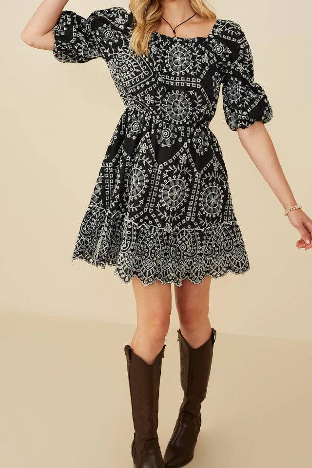 Embroidered Eyelet Puff Sleeve Mini Dress