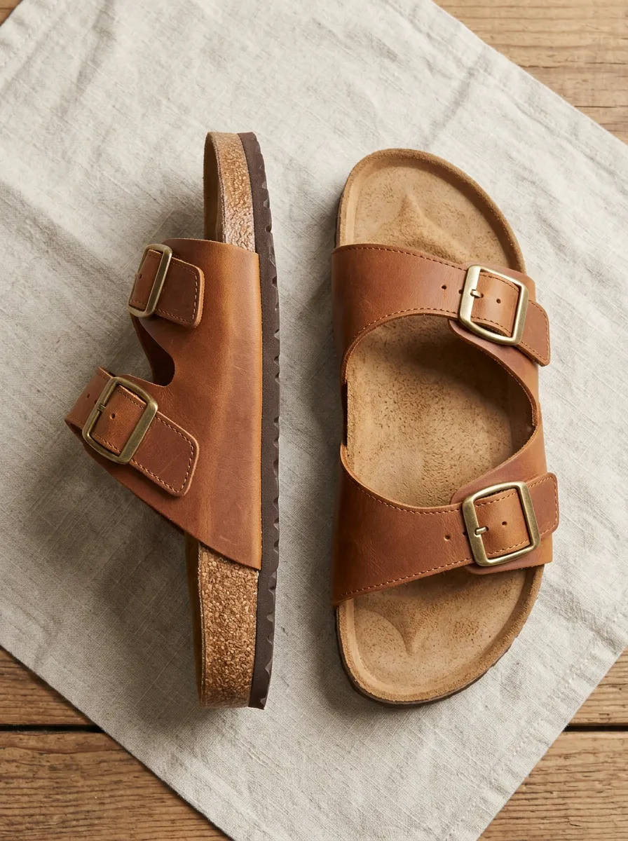 Unisex Classic Leather Double Buckle Cork Sandals