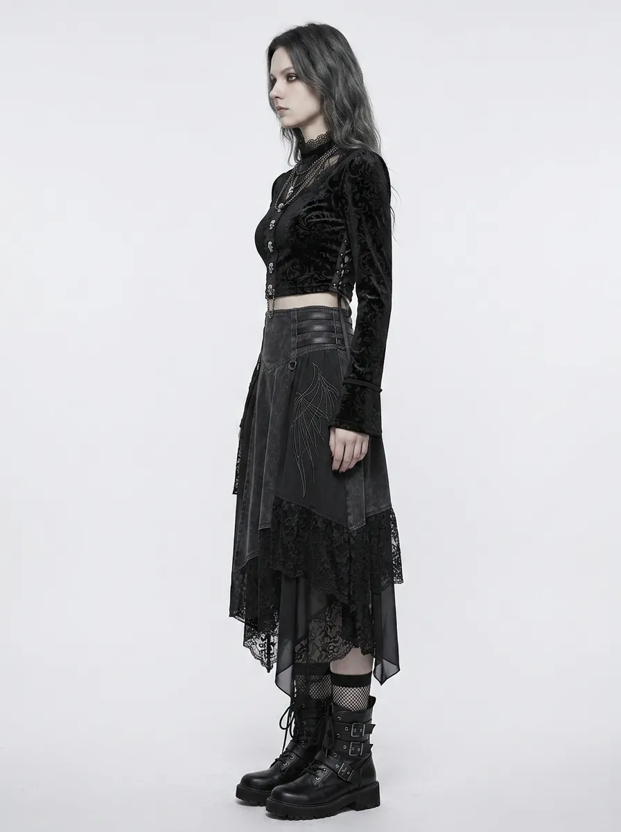 Women's Gothic Victorian Skull Button Velvet Printed Crop Top