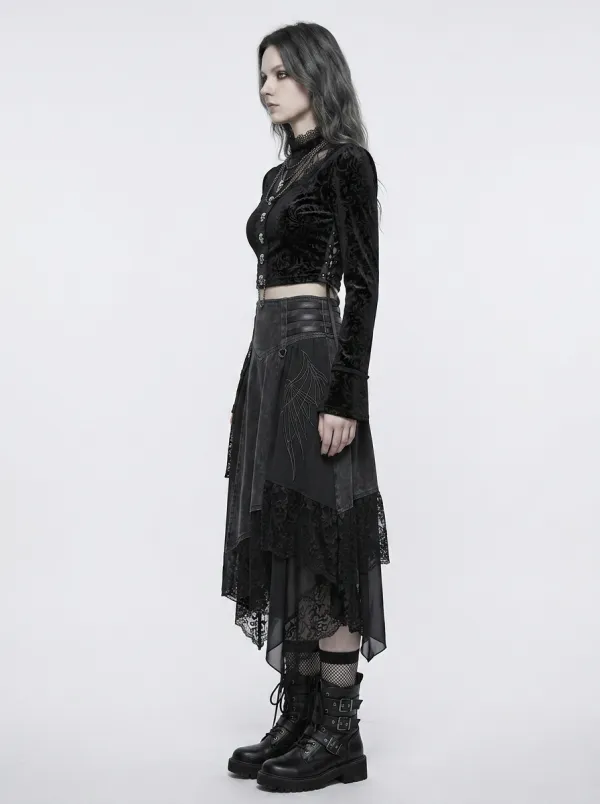 Women's Gothic Victorian Skull Button Velvet Printed Crop Top