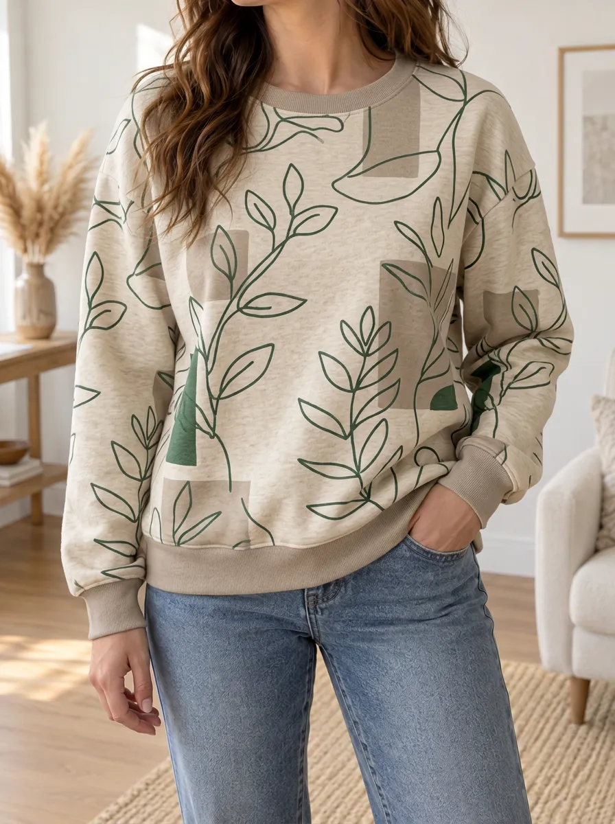 Women's Botanical Abstract Line Art Printed Fleece Sweatshirt