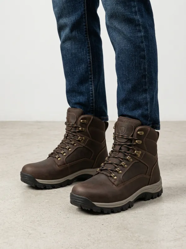 Unisex Waterproof Brown Leather Shield Logo Printed Work Boots