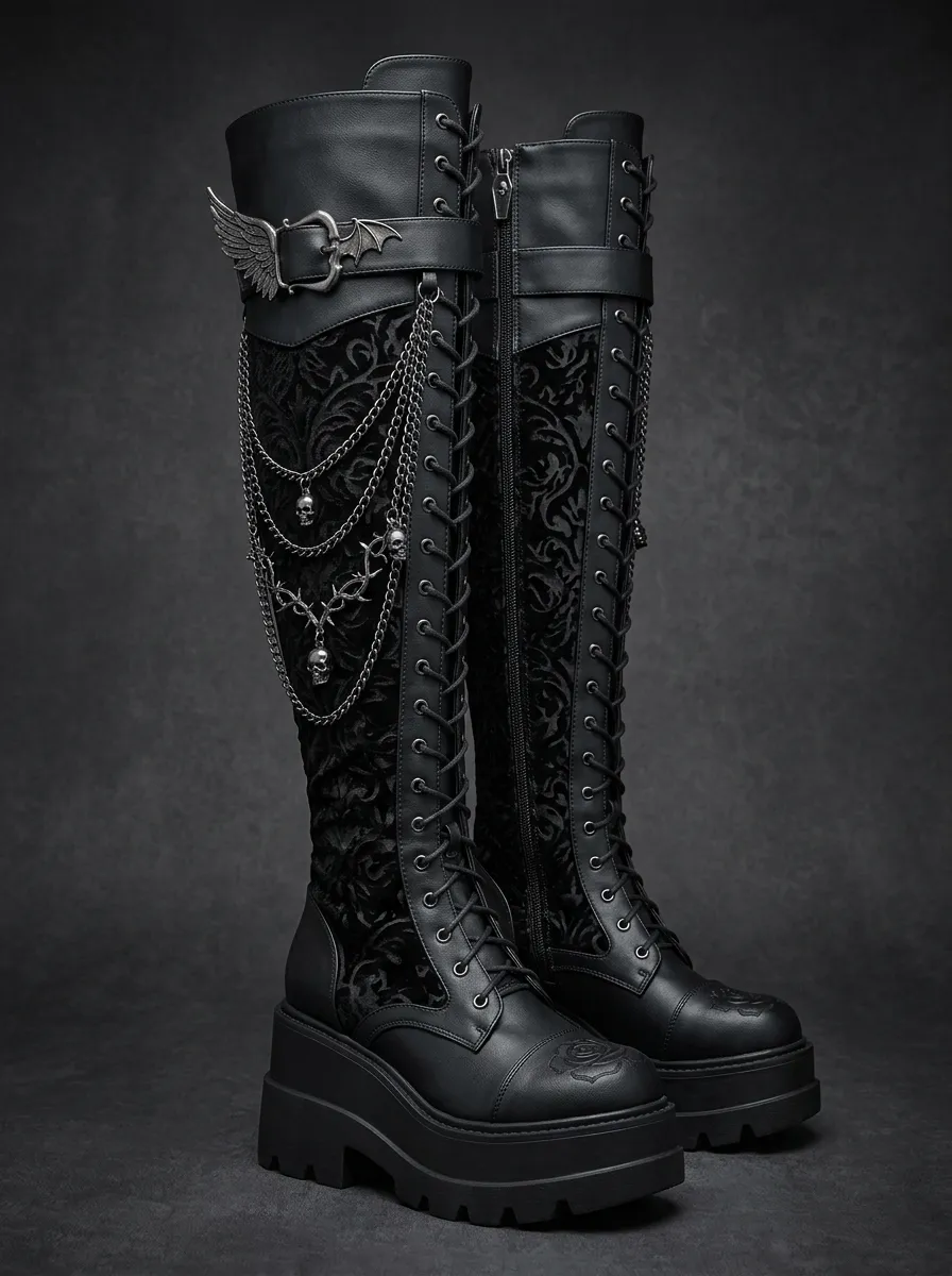 Darkwear Skull Wing Chain Edit Women's Gothic Platform Knee High Boots