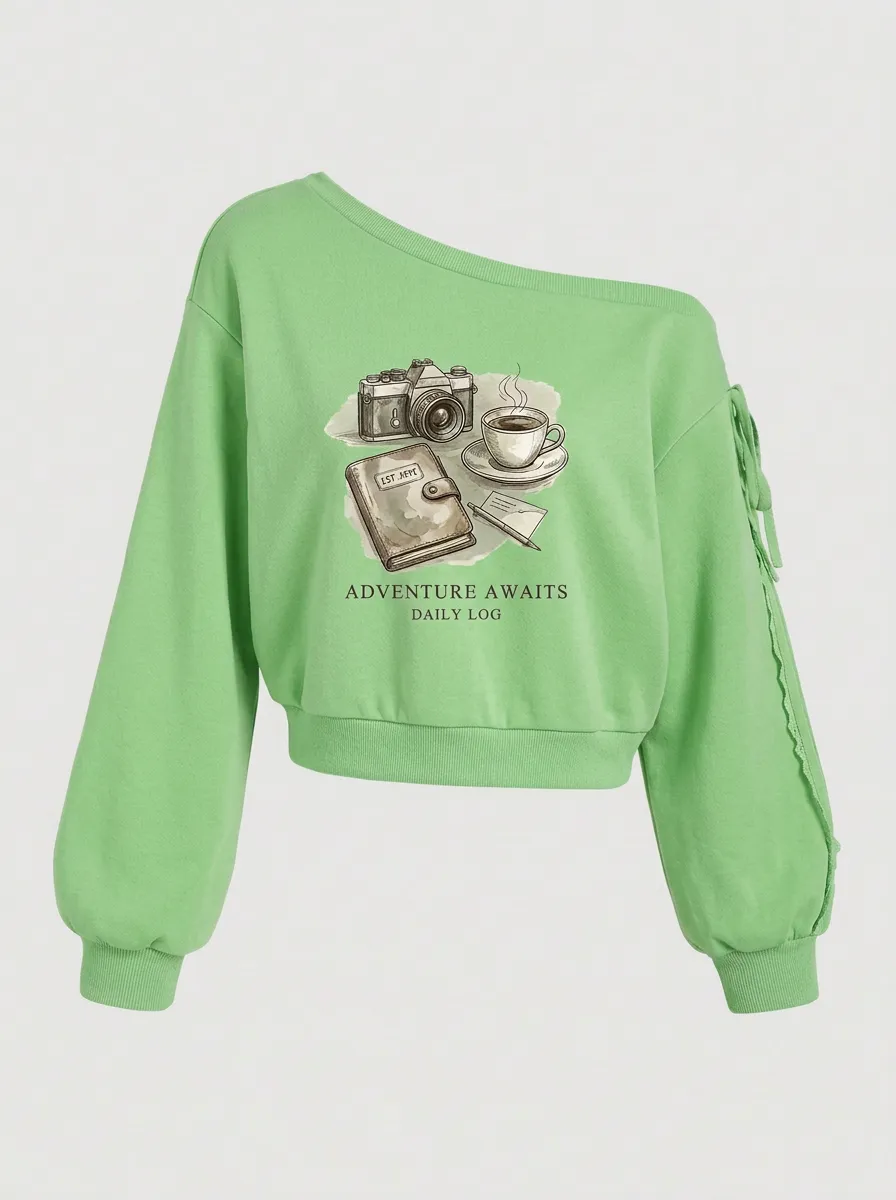 Women's Travel-Inspired Camera Coffee Journal Printed Off-Shoulder Sweatshirt