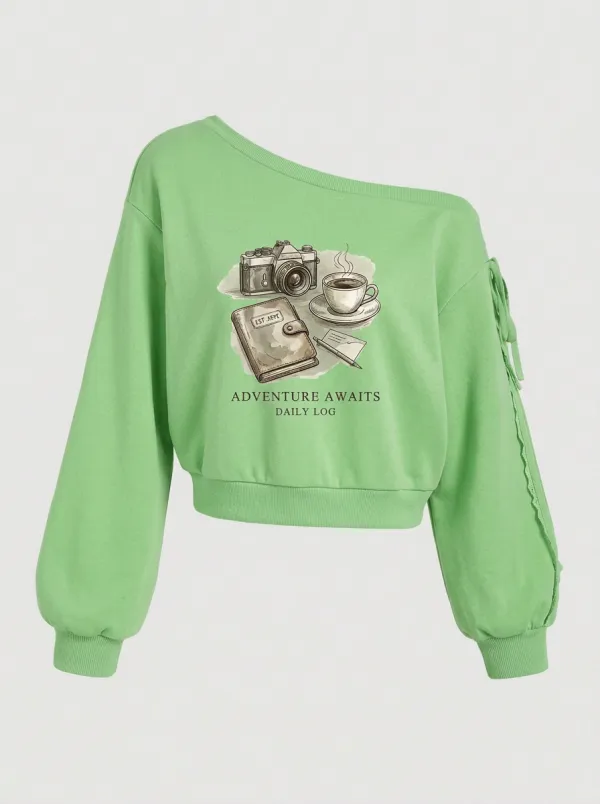 Women's Travel-Inspired Camera Coffee Journal Printed Off-Shoulder Sweatshirt