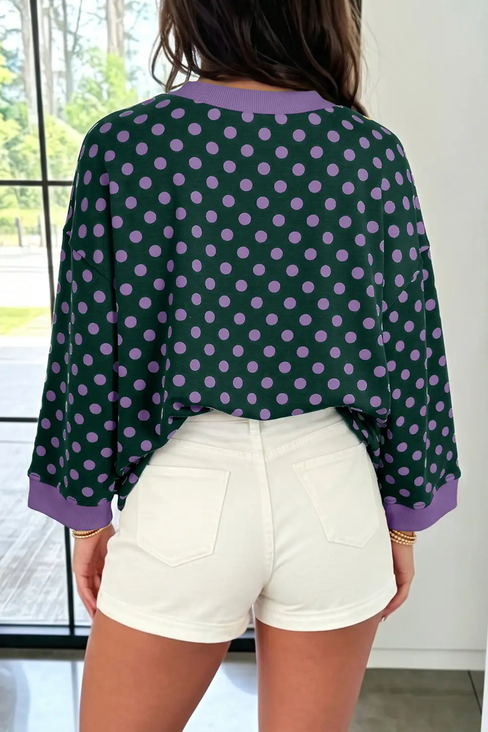 Polka Dot Round Neck Contrast Trim Relaxed Bracelet Sleeve Top