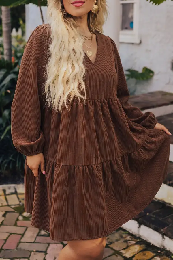 Women's Corduroy V Neck Long Sleeve Mini Dress