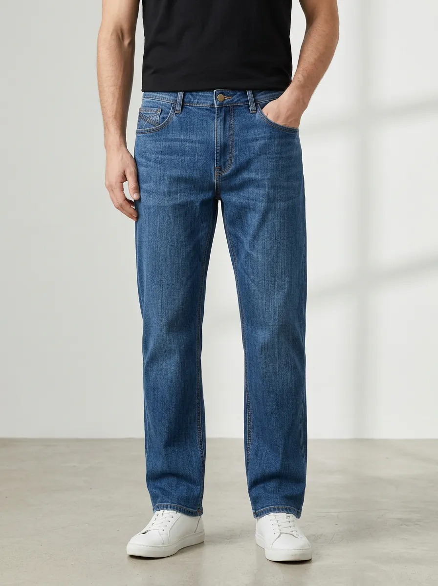 Men's Casual Blue Denim Straight Leg Jeans