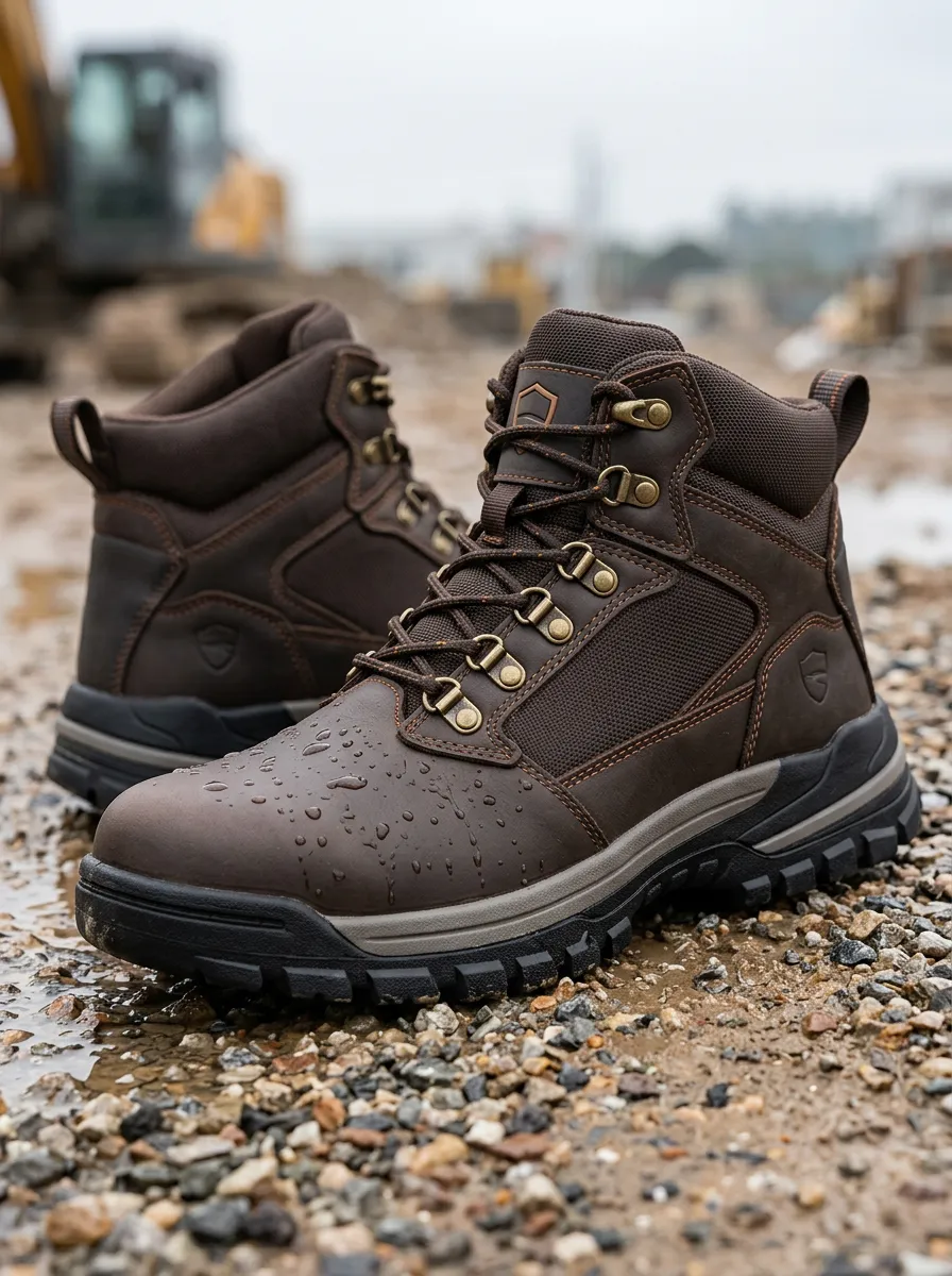 Men's Brown Leather Waterproof Construction Printed Work Boots
