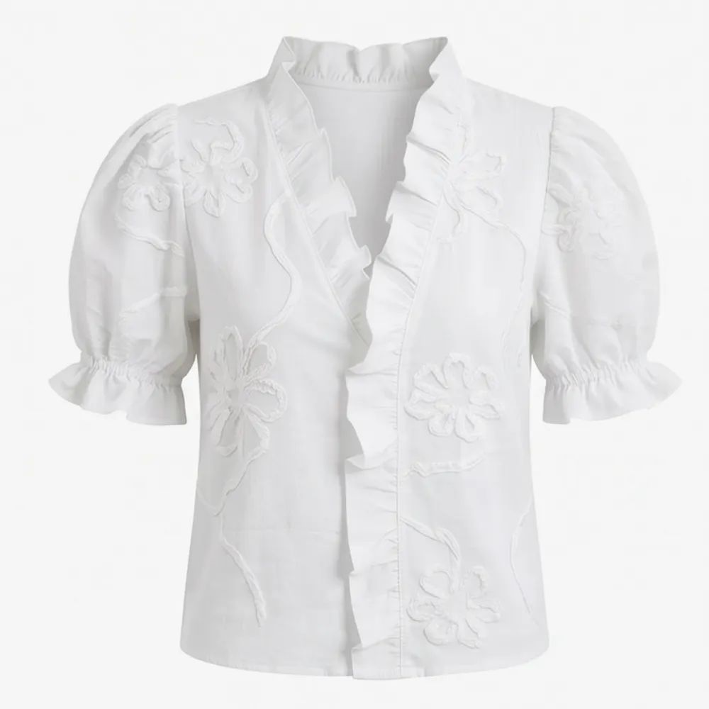 Ruffled V Neck Puff Sleeve Blouse