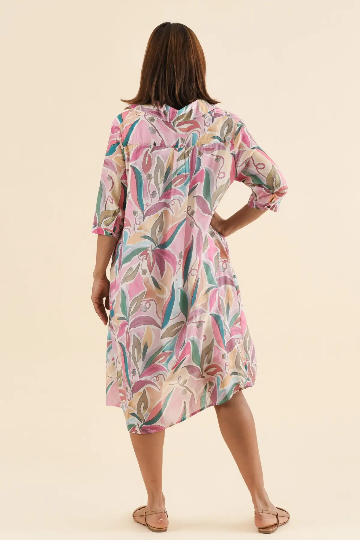 Knee-Length Geometric Cotton Pocket Collared Half-Sleeve A-Line Dress