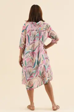 Knee-Length Geometric Cotton Pocket Collared Half-Sleeve A-Line Dress