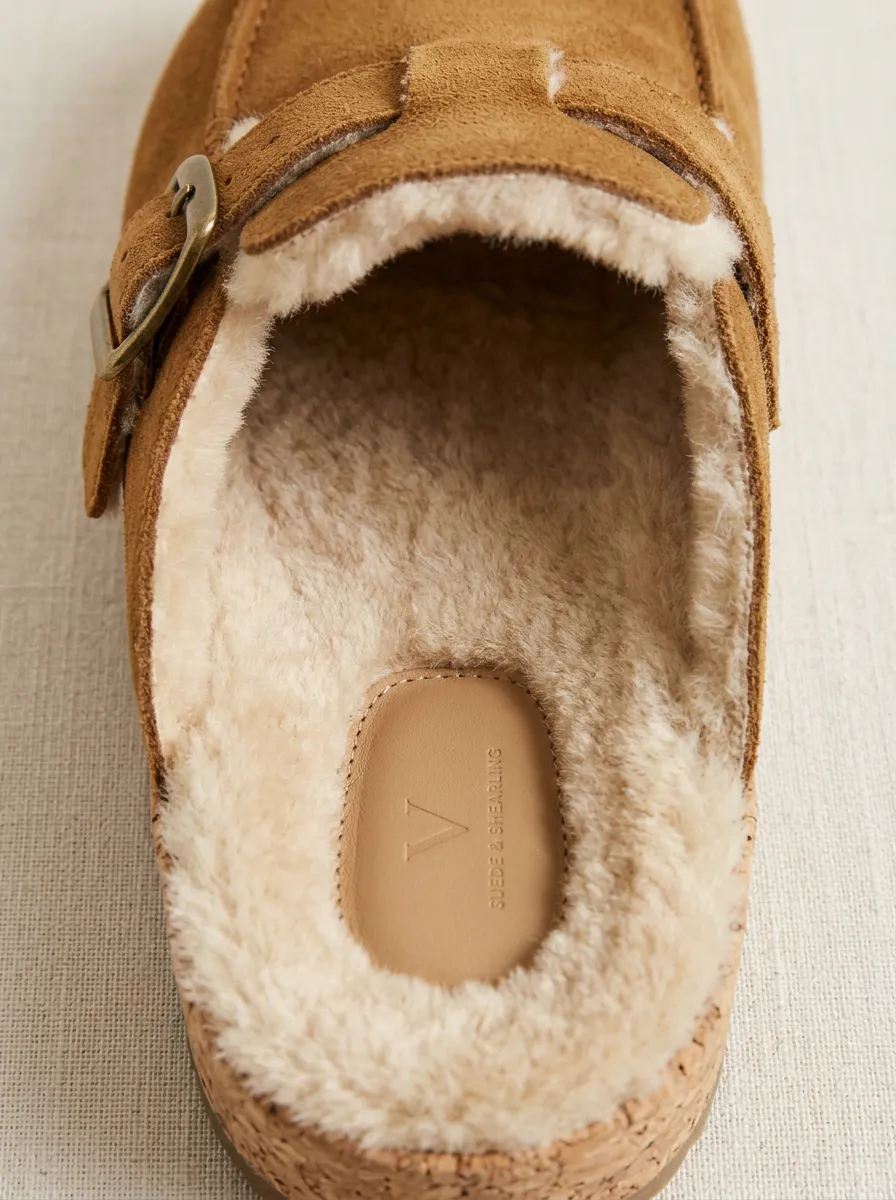 Women's Utility Faux Fur Lined Buckle Detail Suede Wood Sole Loafers