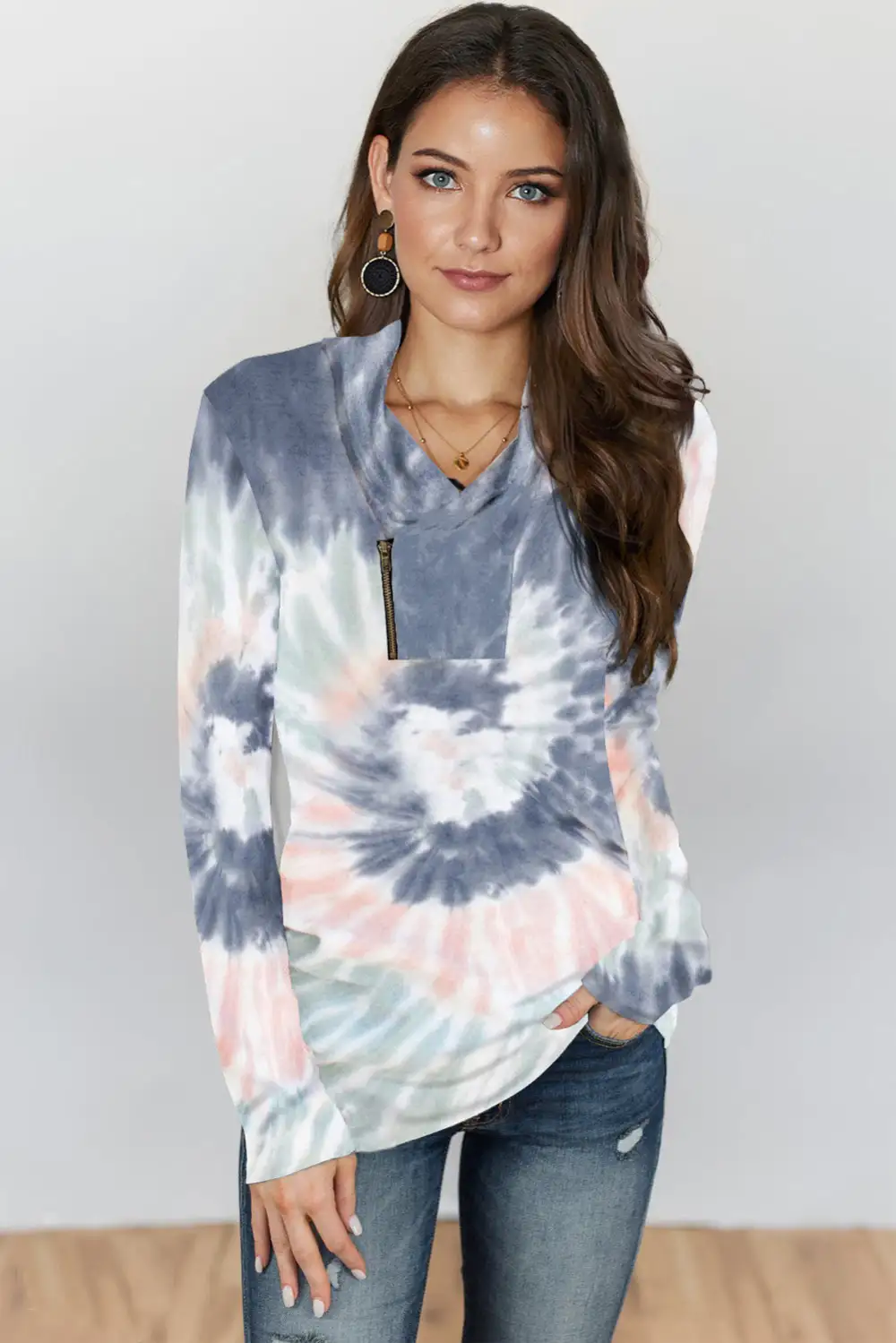 Tie Dye Print Zipper Top