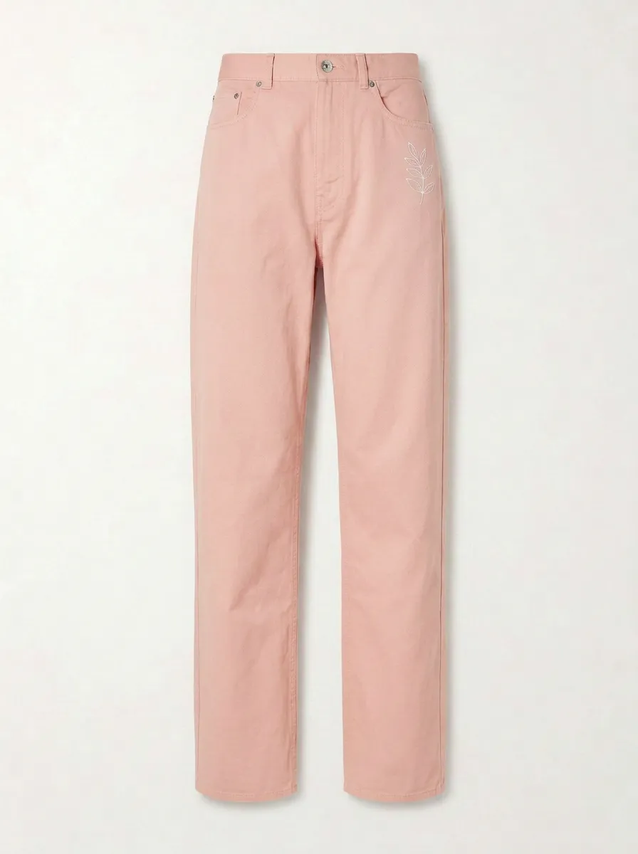 Women's Minimalist Nature Lover Leaf Embroidered Mid-Rise Straight Leg Pants