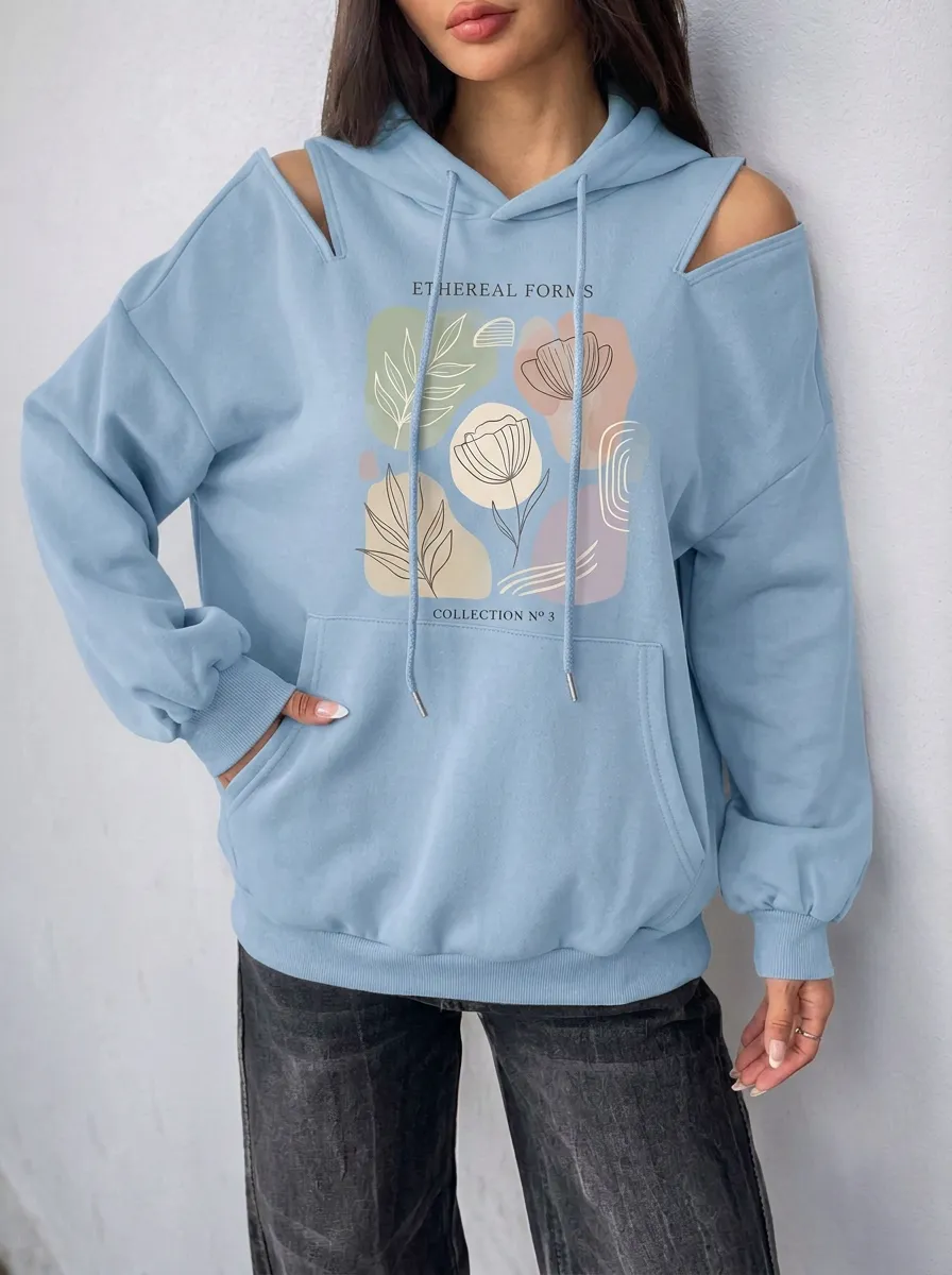 Women's Aesthetic Floral Abstract Art Printed Cold Shoulder Hoodie